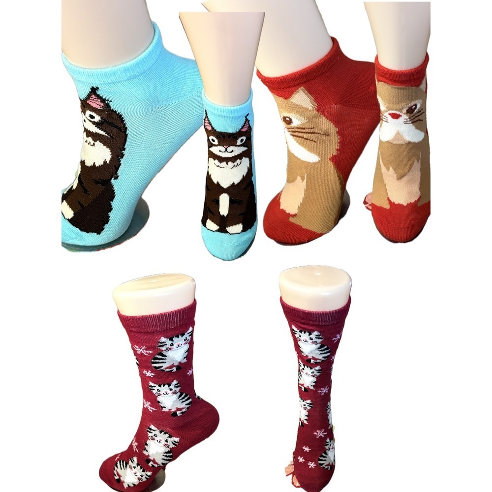 HYP Women Graphic Cat Socks 3 Pairs Blue Red Burgundy Ankle Crew Shoe Size-4-10